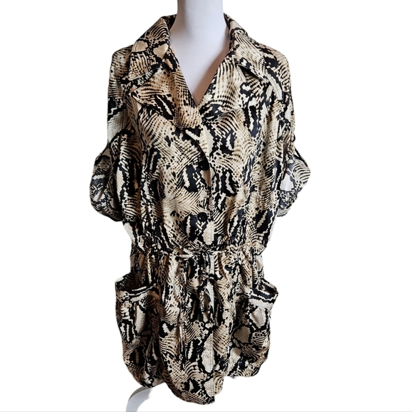 Ellen Tracy Anima Print Lightweight Jacket Sz L Roll-Tab Sleeve Cinch Waist Coat - Picture 2 of 15